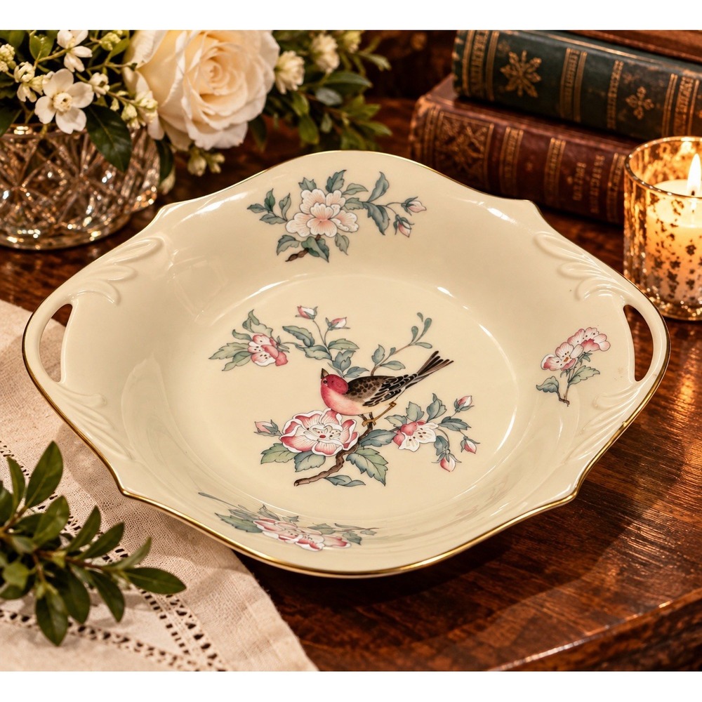 Lenox Serenade Vintage open candy dish 2 handled serving bowl floral bird gold